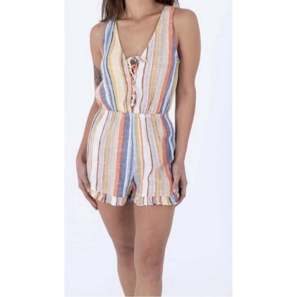 Hurley NWT Linen Blend Large Striped Sleeveless Romper Travel Vacation Beachy